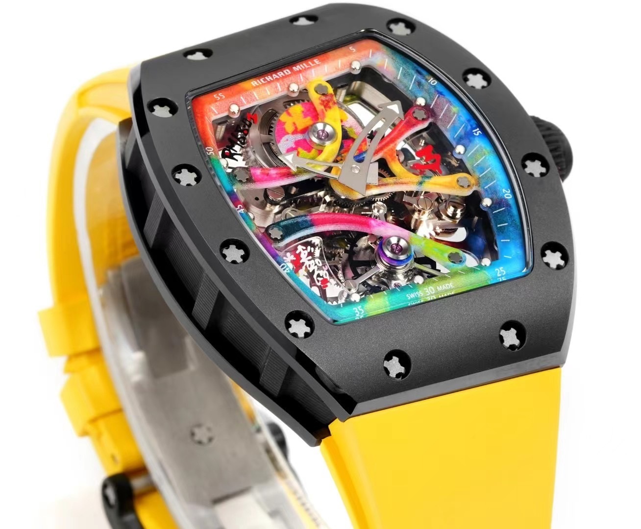RICHARD MILLE RM68-01 BEST REPLICA CERAMIC WATCH YELLOW RUBBER STRAP RM 45MM