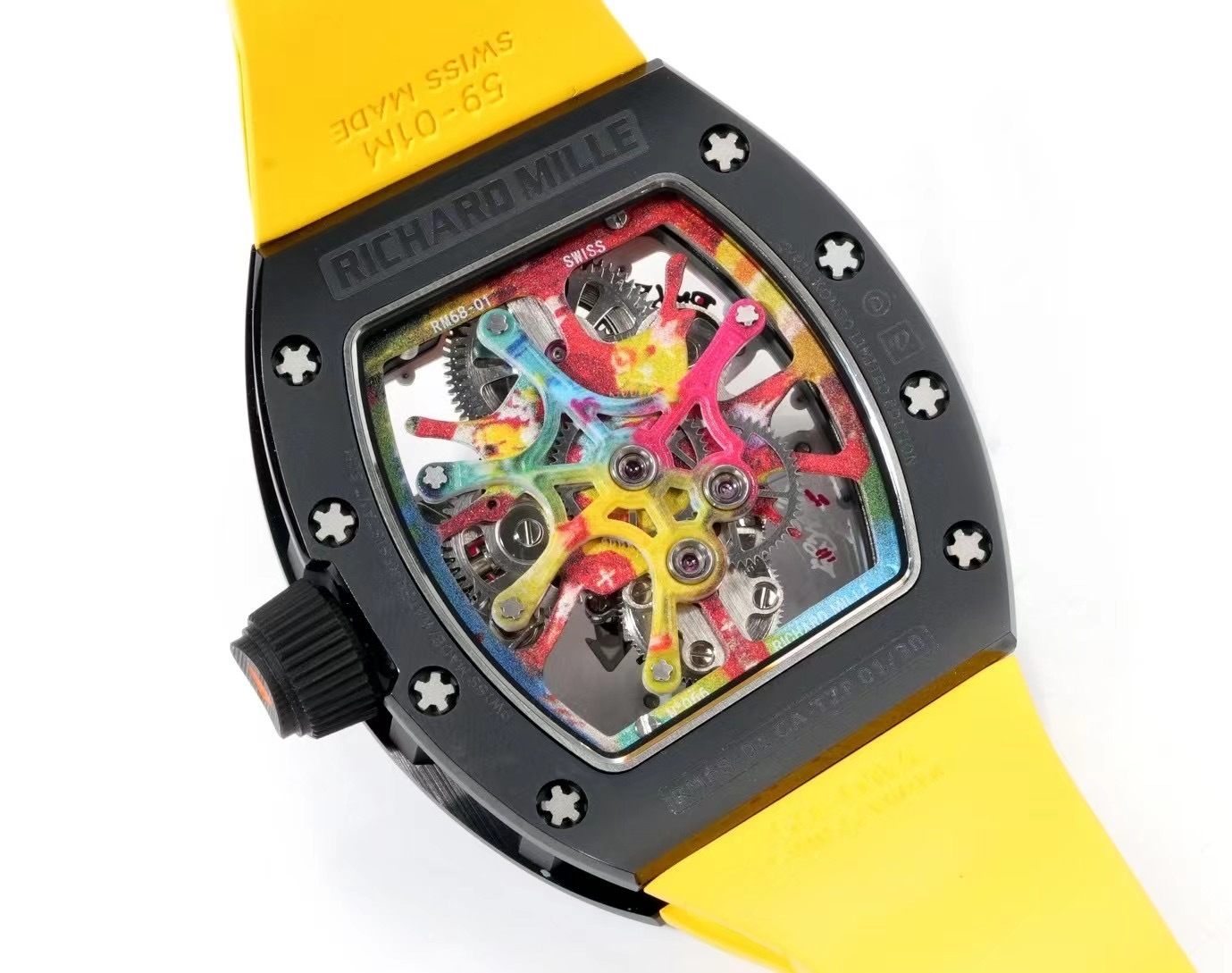 RICHARD MILLE RM68-01 BEST REPLICA CERAMIC WATCH YELLOW RUBBER STRAP RM 45MM