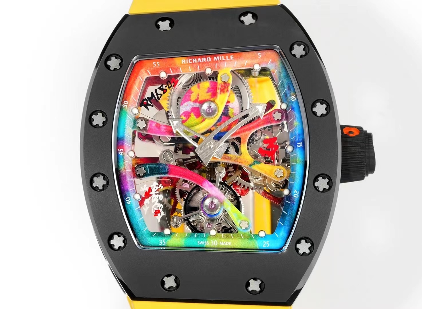 RICHARD MILLE RM68-01 BEST REPLICA CERAMIC WATCH YELLOW RUBBER STRAP RM 45MM