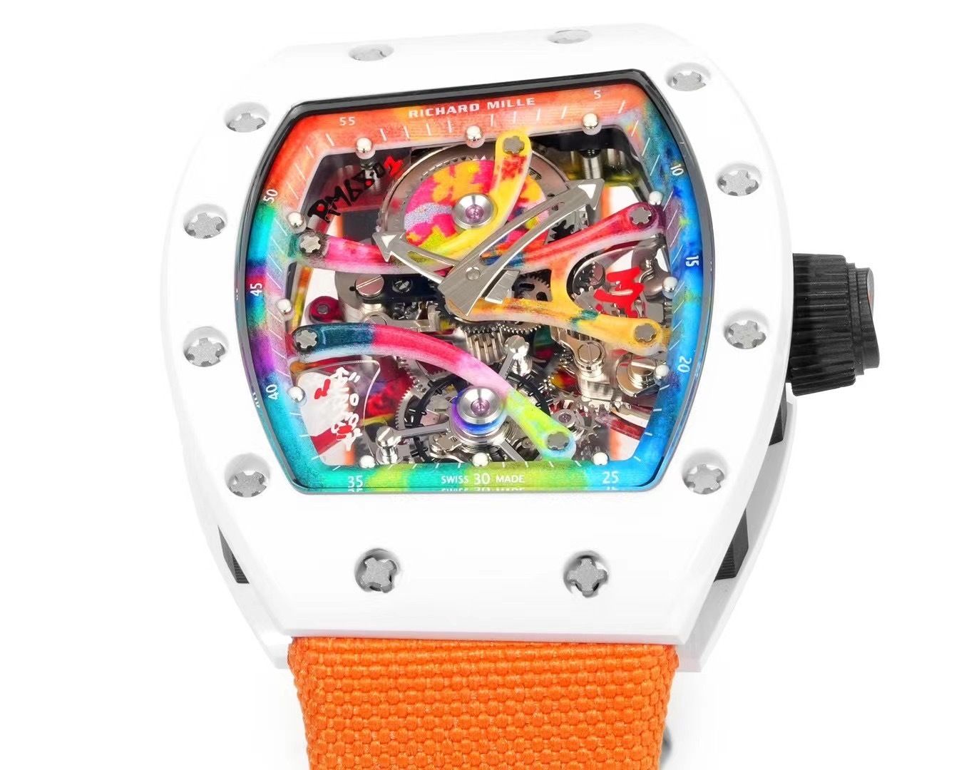 RICHARD MILLE RM68-01 REPLICA WHITE CERAMIC WATCH TOURBILLON RM FACTORY 45MM