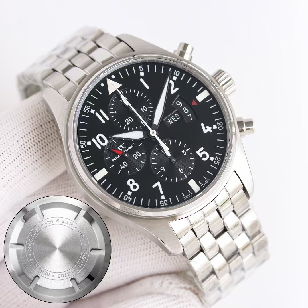 Top-grade watches 00319 IWC Pilot IW377704 Black Dial Chronograph Day Date 43mm Watch FULLY SERVICED!