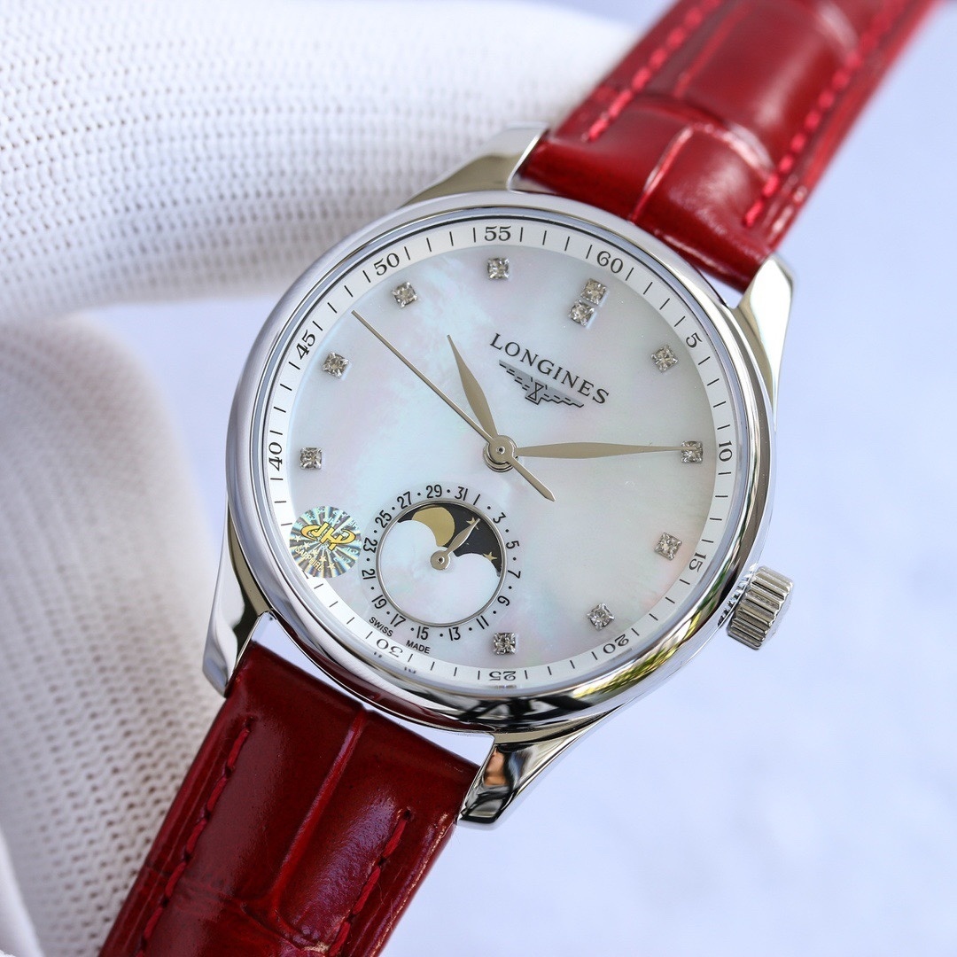 Longines Women's Watch Master Diamond White MOP Dial Red Strap L24094872