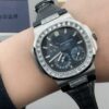 Patek Philippe Nautilus 5724/G-001 Rep 1:1 Watch Silver Case, Diamond Bezel, Blue Face, Leather Strap