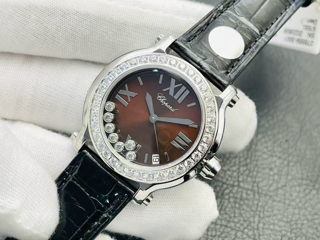 Chopard Happy Sport 18k Rose Gold Chocolate Dial Factory Diamonds silver white border