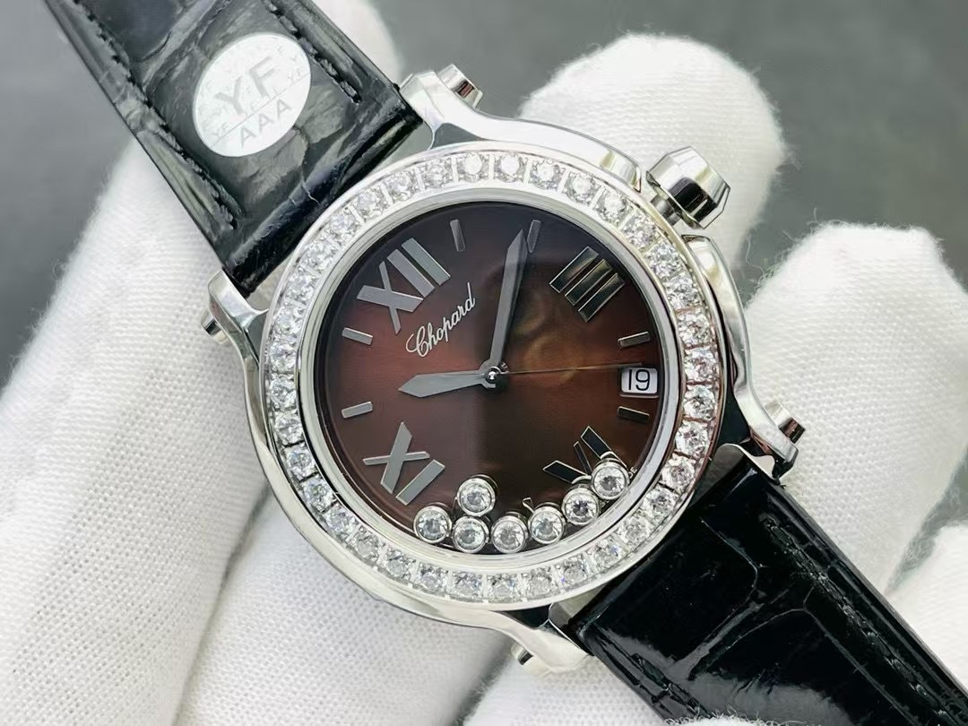 Chopard Happy Sport 18k Rose Gold Chocolate Dial Factory Diamonds silver white border