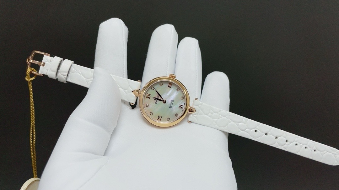 Omega De Ville Prestige Quartz Dewdrop Watch - 27.4 mm Red Gold Case - Radiant Diamond Paved Bezel - Mother-Of-Pearl Dial - White Leather Strap - 424.58.27.60.55.002