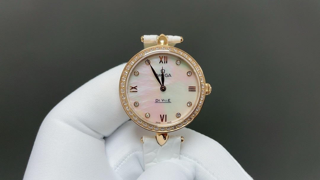 Omega De Ville Prestige Quartz Dewdrop Watch – 27.4 mm Red Gold Case – Radiant Diamond Paved Bezel – Mother-Of-Pearl Dial – White Leather Strap – 424.58.27.60.55.002