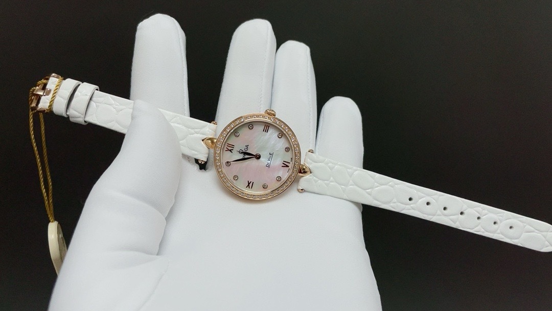 Omega De Ville Prestige Quartz Dewdrop Watch - 27.4 mm Red Gold Case - Radiant Diamond Paved Bezel - Mother-Of-Pearl Dial - White Leather Strap - 424.58.27.60.55.002