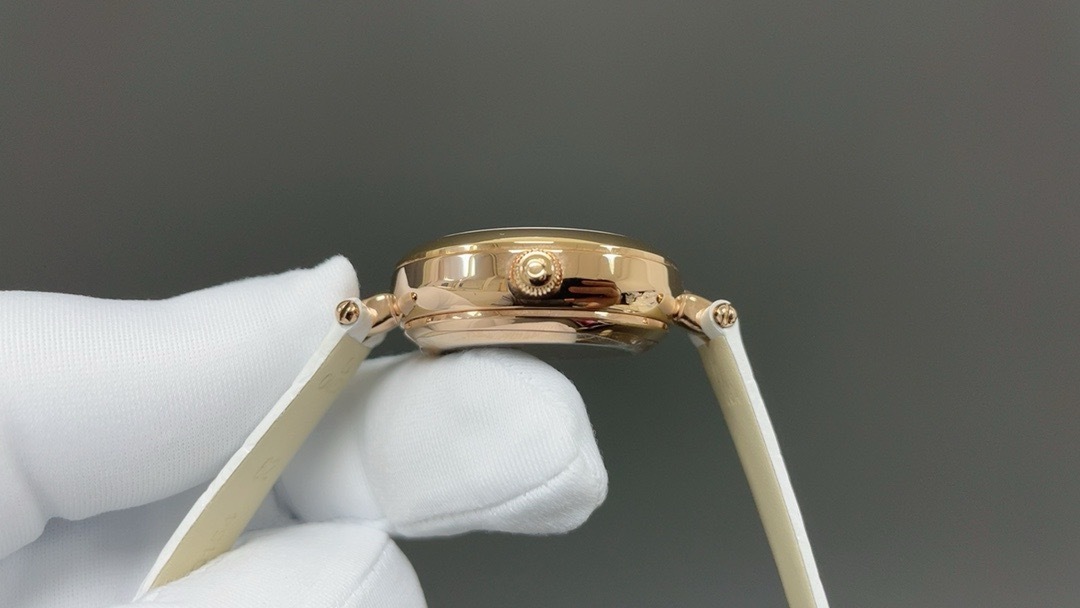 Omega De Ville Prestige Quartz Dewdrop Watch - 27.4 mm Red Gold Case - Radiant Diamond Paved Bezel - Mother-Of-Pearl Dial - White Leather Strap - 424.58.27.60.55.002