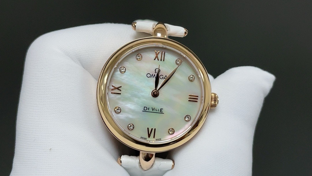 Omega De Ville Prestige Quartz Dewdrop Watch - 27.4 mm Red Gold Case - Radiant Diamond Paved Bezel - Mother-Of-Pearl Dial - White Leather Strap - 424.58.27.60.55.002