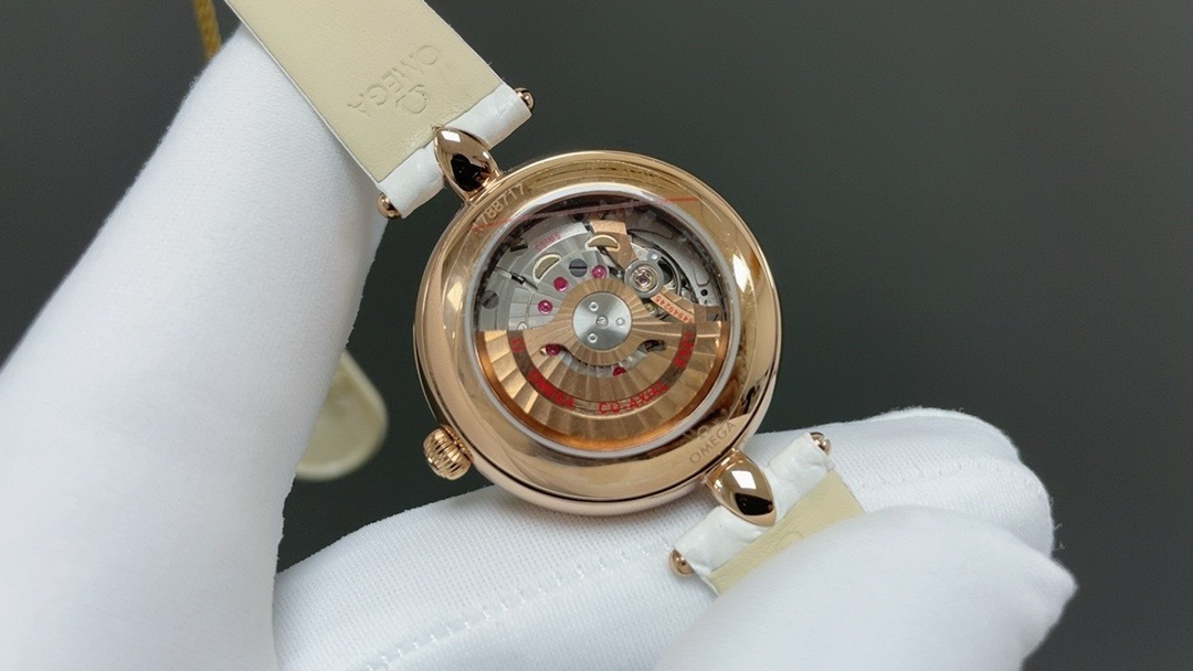 Omega De Ville Prestige Quartz Dewdrop Watch - 27.4 mm Red Gold Case - Radiant Diamond Paved Bezel - Mother-Of-Pearl Dial - White Leather Strap - 424.58.27.60.55.002