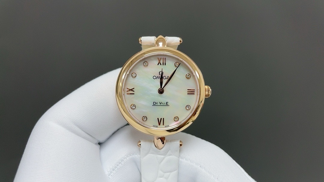 Omega De Ville Prestige Quartz Dewdrop Watch - 27.4 mm Red Gold Case - Radiant Diamond Paved Bezel - Mother-Of-Pearl Dial - White Leather Strap - 424.58.27.60.55.002