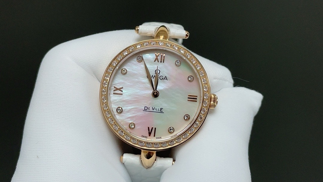 Omega De Ville Prestige Quartz Dewdrop Watch - 27.4 mm Red Gold Case - Radiant Diamond Paved Bezel - Mother-Of-Pearl Dial - White Leather Strap - 424.58.27.60.55.002