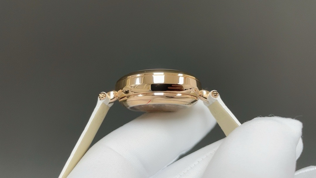 Omega De Ville Prestige Quartz Dewdrop Watch - 27.4 mm Red Gold Case - Radiant Diamond Paved Bezel - Mother-Of-Pearl Dial - White Leather Strap - 424.58.27.60.55.002