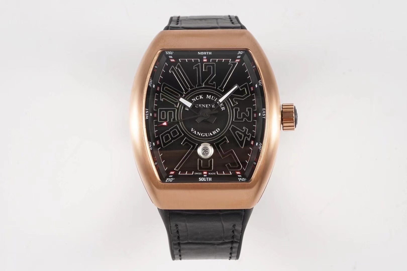 Franck Muller Vanguard Mens 18K Rose-Gold Case Black Face Automatic Date Black Rubber Strap Swiss Watch V 45 SC DT 5N NR