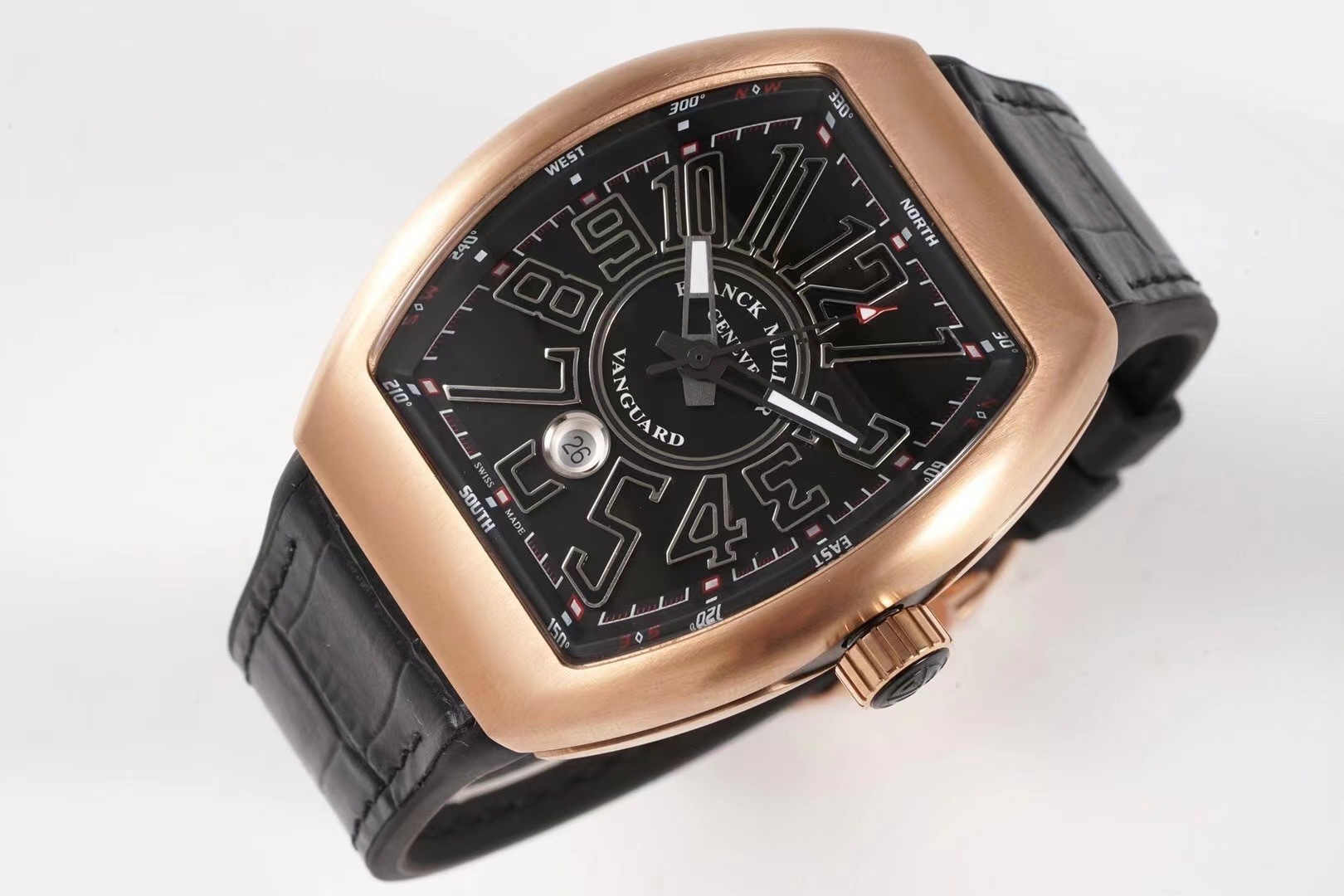 Franck Muller Vanguard Mens 18K Rose-Gold Case Black Face Automatic Date Black Rubber Strap Swiss Watch V 45 SC DT 5N NR