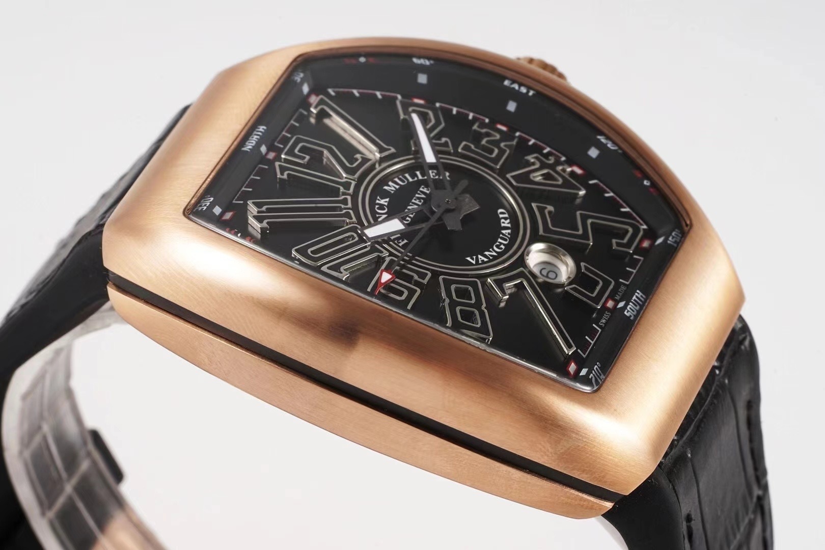 Franck Muller Vanguard Mens 18K Rose-Gold Case Black Face Automatic Date Black Rubber Strap Swiss Watch V 45 SC DT 5N NR