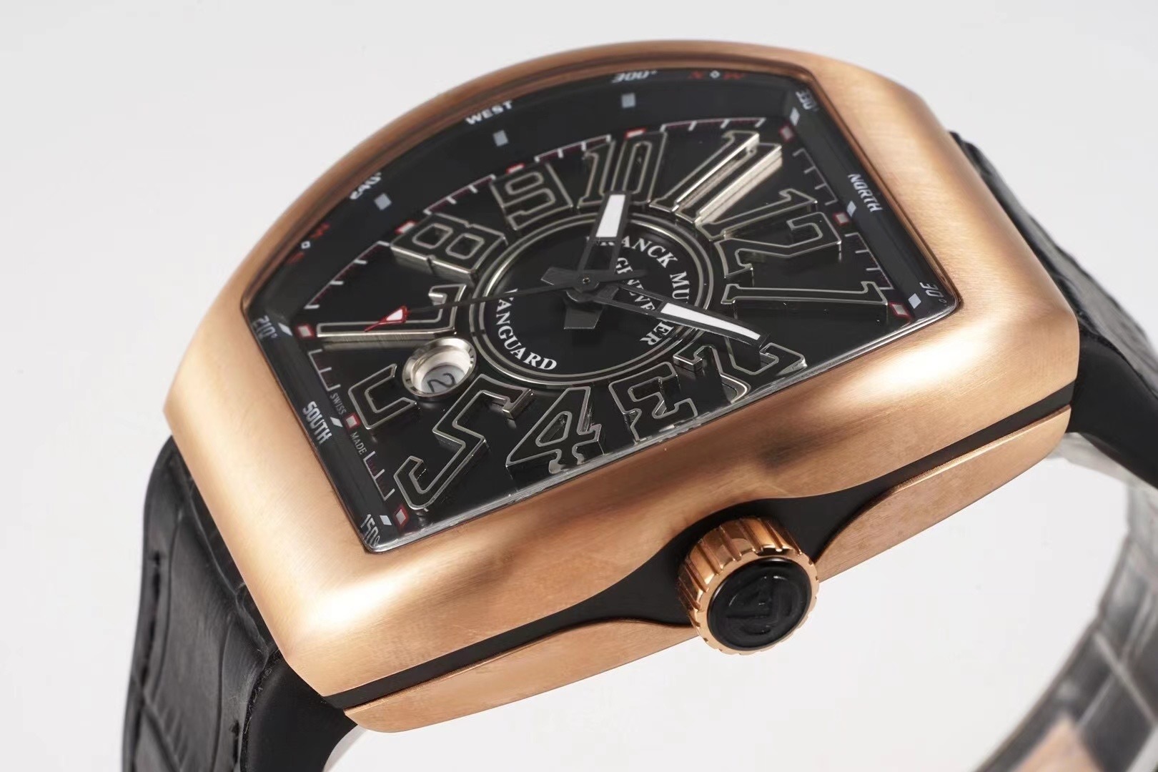 Franck Muller Vanguard Mens 18K Rose-Gold Case Black Face Automatic Date Black Rubber Strap Swiss Watch V 45 SC DT 5N NR