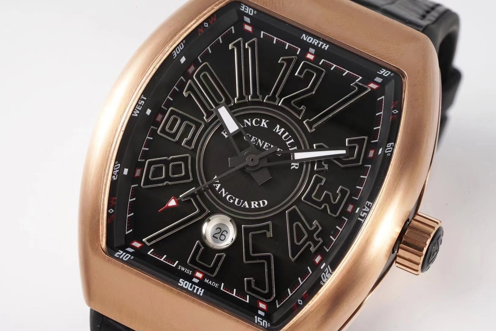Franck Muller Vanguard Mens 18K Rose-Gold Case Black Face Automatic Date Black Rubber Strap Swiss Watch V 45 SC DT 5N NR