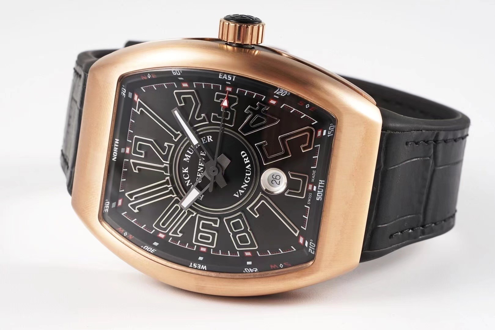 Franck Muller Vanguard Mens 18K Rose-Gold Case Black Face Automatic Date Black Rubber Strap Swiss Watch V 45 SC DT 5N NR