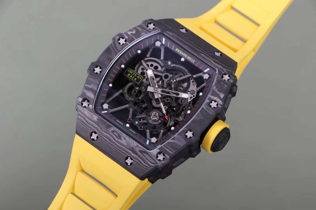 Top-grade watches 02039 Swiss Replica Richard Mille RM 35-02 Watch For Men – Skeleton Dial, Yellow Rubber Strap, Luxury Sport Design
