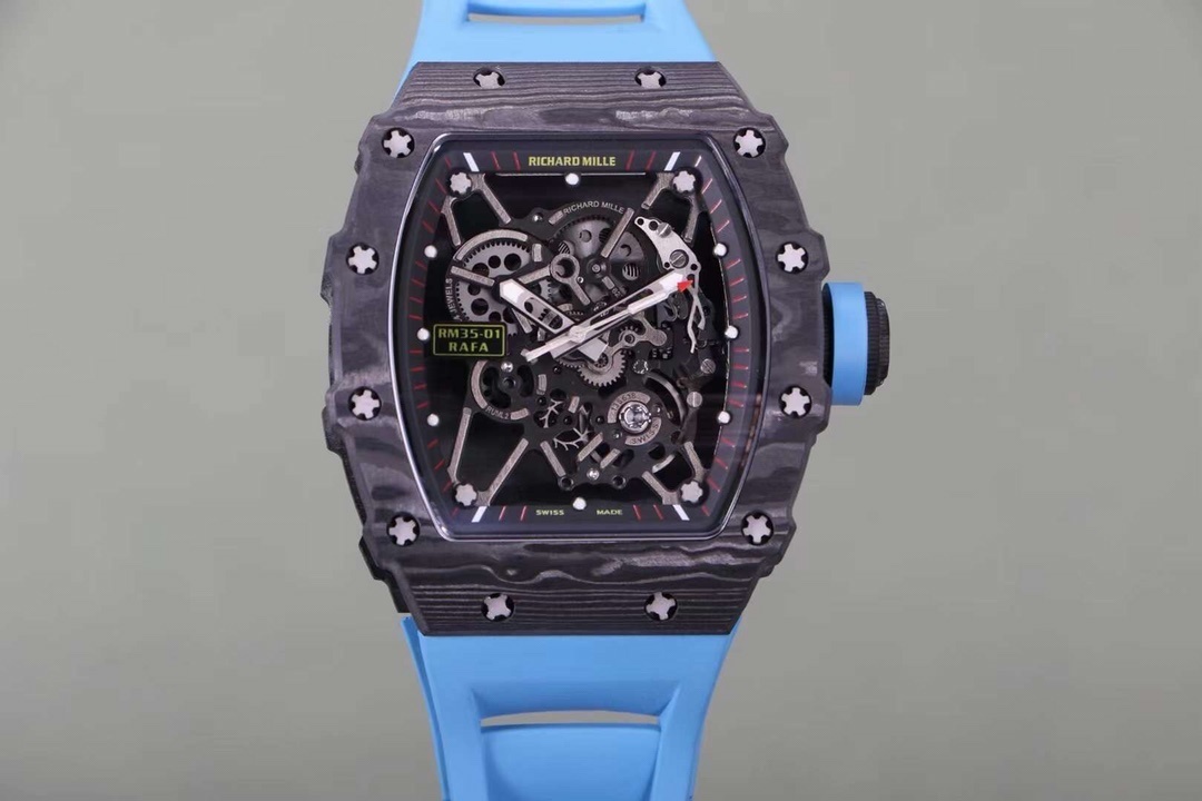 Richard Mille RM 35-02 Swiss NTPT Carbon Fiber Case, Blue Rubber Strap Watch