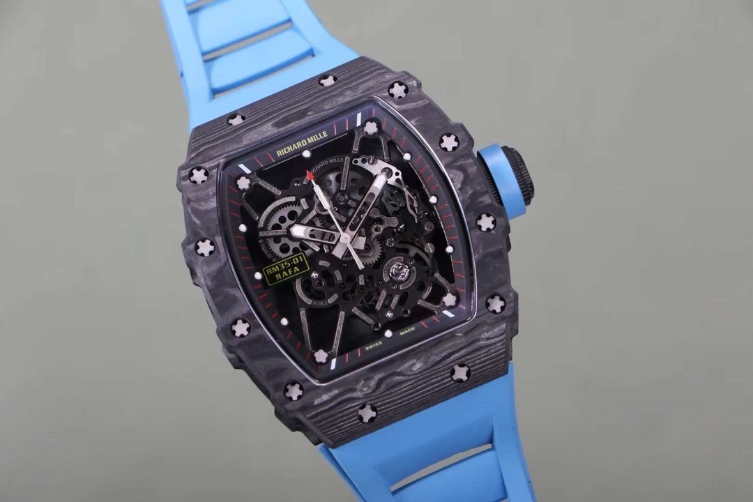 Richard Mille RM 35-02 Swiss NTPT Carbon Fiber Case, Blue Rubber Strap Watch