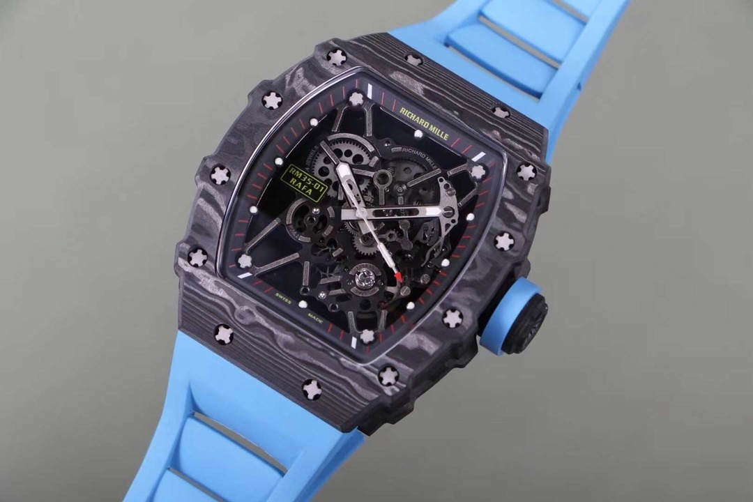 Richard Mille RM 35-02 Swiss NTPT Carbon Fiber Case, Blue Rubber Strap Watch