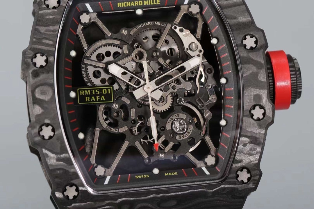 Top-grade watches 02229 Richard Mille RM 35-01 Rafael Nadal Replica Swiss Watch – Skeleton Dial, NTPT Carbon Case, Black Rubber Strap