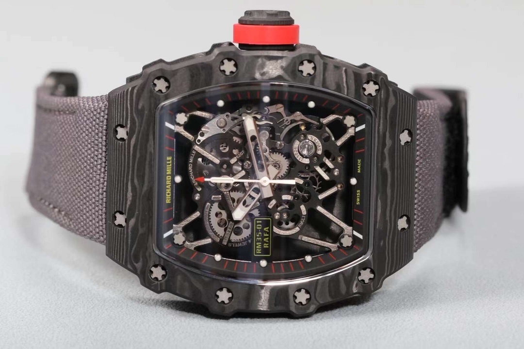 Top-grade watches 02229 Richard Mille RM 35-01 Rafael Nadal Replica Swiss Watch – Skeleton Dial, NTPT Carbon Case, Black Rubber Strap