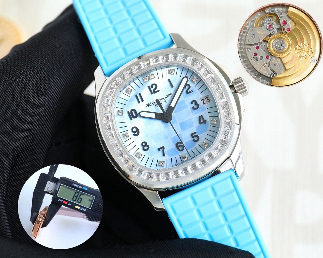 Patek Philippe Aquanaut Luce 35.6mm Watch – Ref: 5067A-017 – Ice Blue Dial & Diamond Bezel in Stainless Steel Case Baby Blue Polymer Rubber Strap