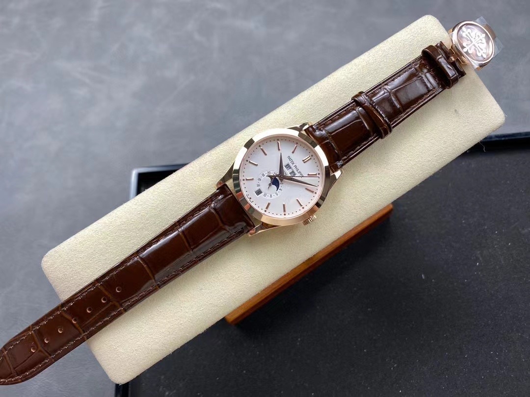 Patek Philippe Complications Annual Calendar 38.5mm Watch – Ref: 5396R-012 – Silver Moon-Phase Dial, 18K Rose Gold Brown Leather Strap