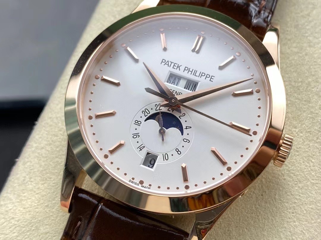 Patek Philippe Complications Annual Calendar 38.5mm Watch – Ref: 5396R-012 – Silver Moon-Phase Dial, 18K Rose Gold Brown Leather Strap