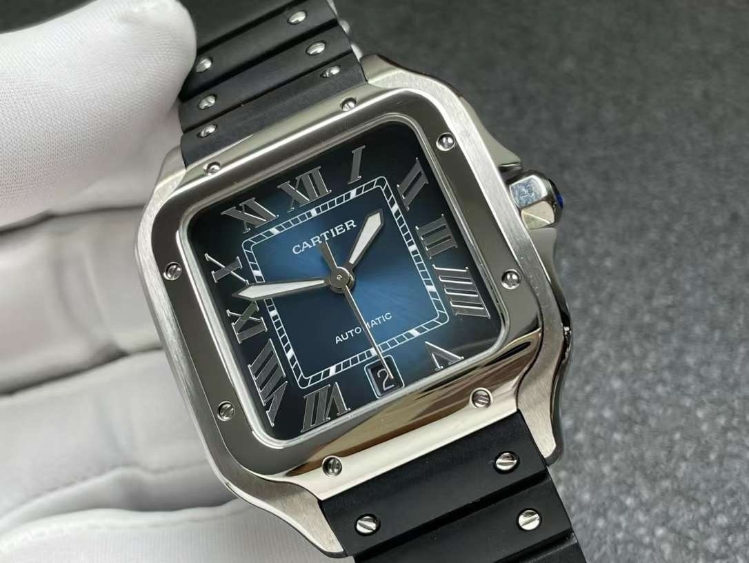 Top-grade watches 04559 Santos de Cartier 40mm Blue Dial in Steel on Black Rubber