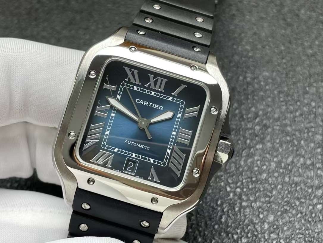 Top-grade watches 04559 Santos de Cartier 40mm Blue Dial in Steel on Black Rubber