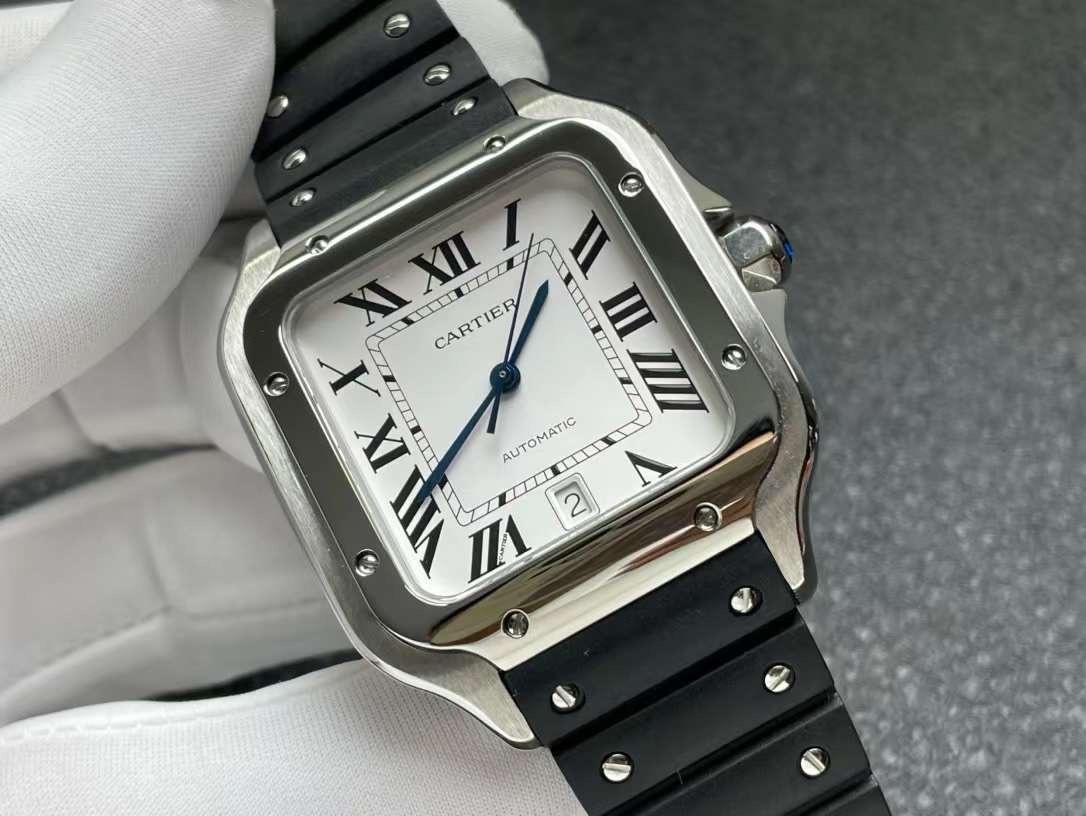 Top-grade watches 04599 Santos de Cartier 40mm White Dial in Steel on Black Rubber