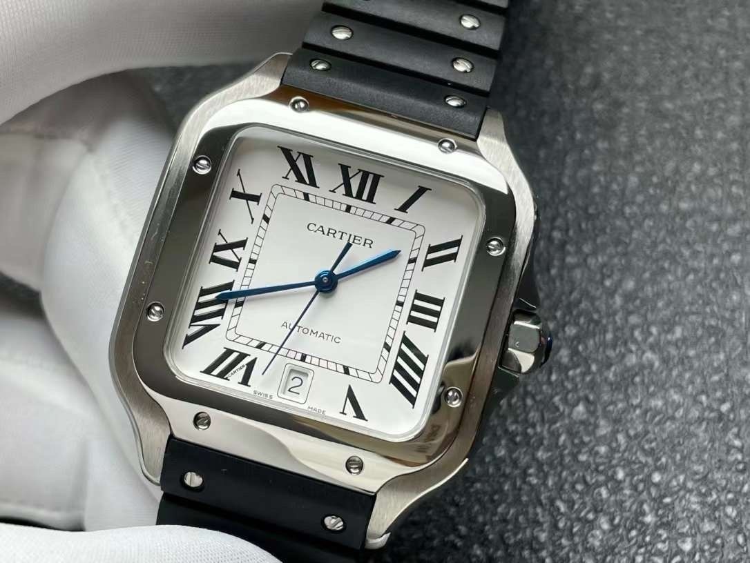 Top-grade watches 04599 Santos de Cartier 40mm White Dial in Steel on Black Rubber