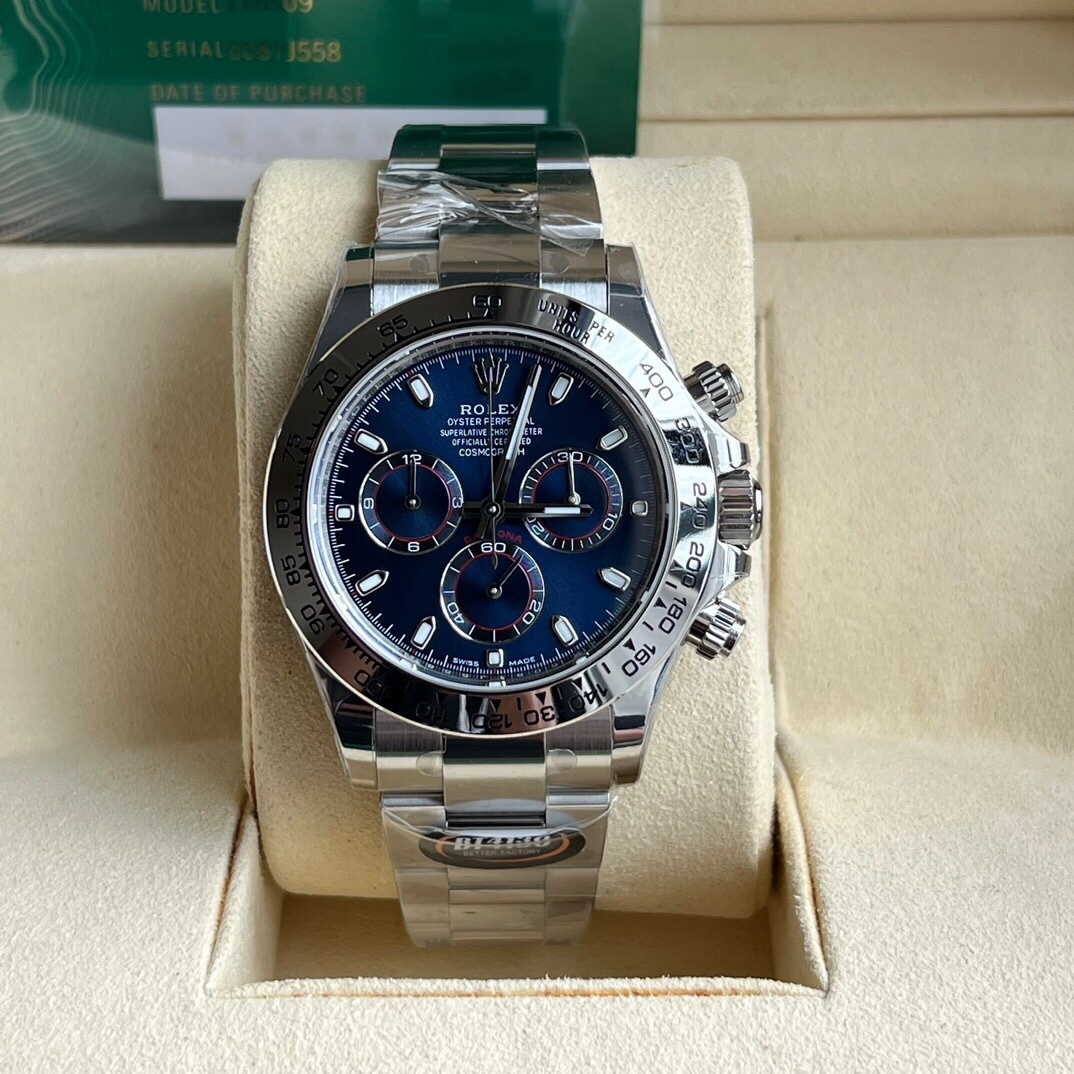 Rolex Cosmograph Daytona 40mm Complete Set Mint 18K White Gold Blue Dial 116509