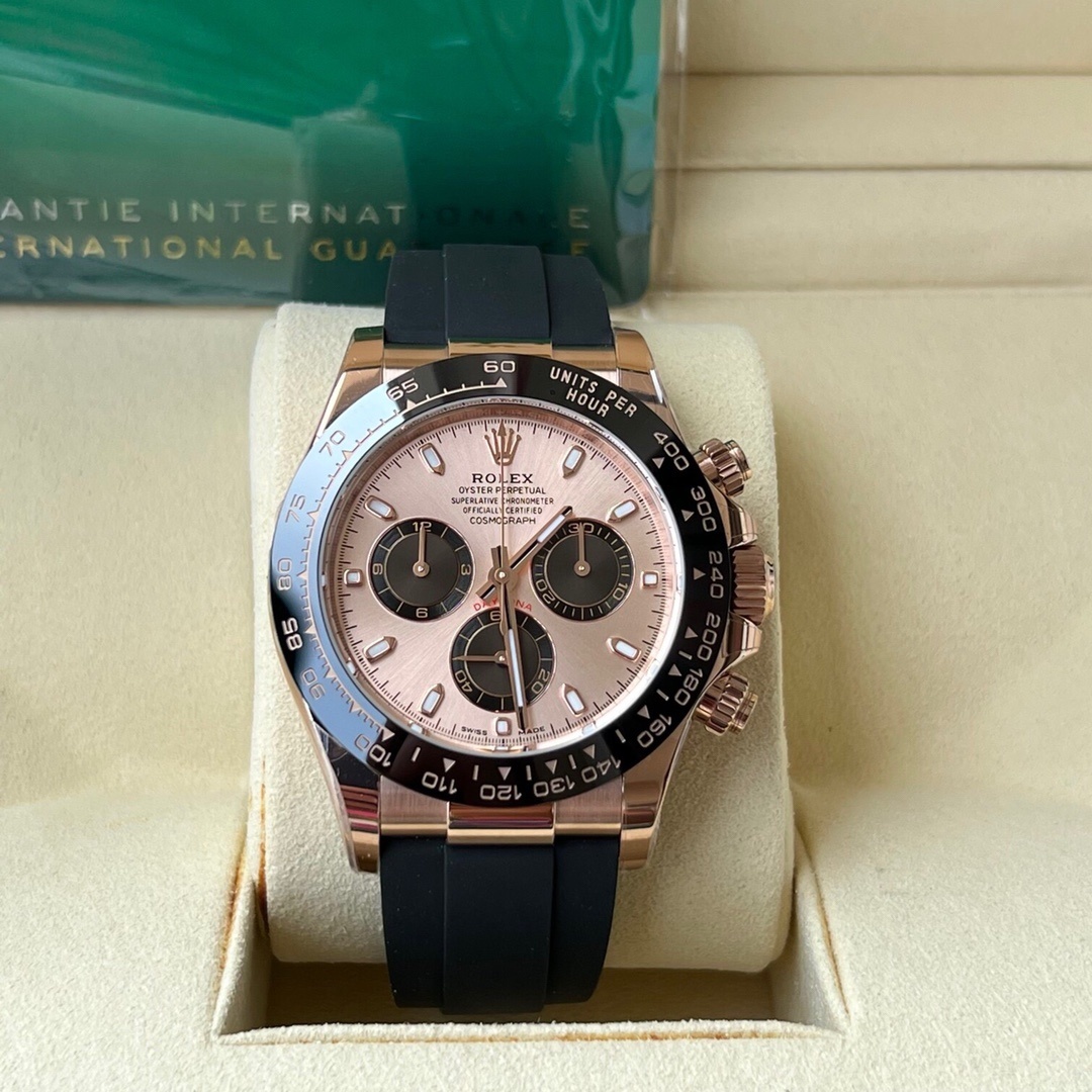 Rolex Daytona 116515LN 40mm Oysterflex 18K Rose Gold Pink Sundust Black Subdials