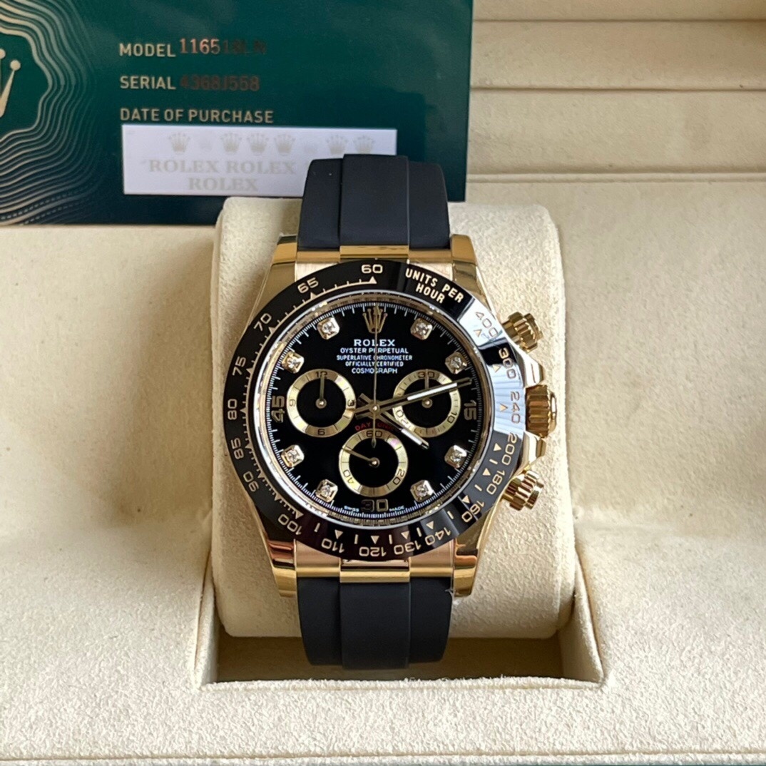 Top-grade watches 05809 Rolex Daytona Yellow Gold Oyster-Flex Black Diamond Dial 116518LN *2023*