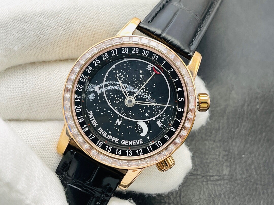 Patek Philippe Grand Complications 6104R-001 Rep 1:1 Watch Rose Gold Case Black Galaxy Dial Leather Strap