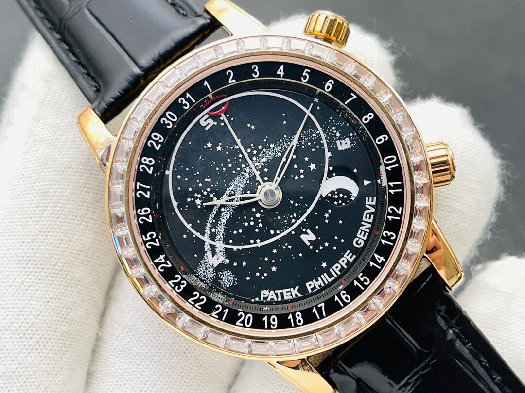 Patek Philippe Grand Complications 6104R-001 Rep 1:1 Watch Rose Gold Case Black Galaxy Dial Leather Strap