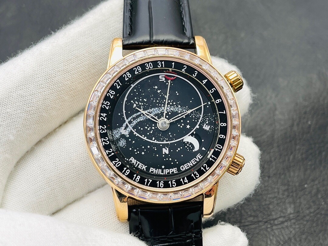 Patek Philippe Grand Complications 6104R-001 Rep 1:1 Watch Rose Gold Case Black Galaxy Dial Leather Strap