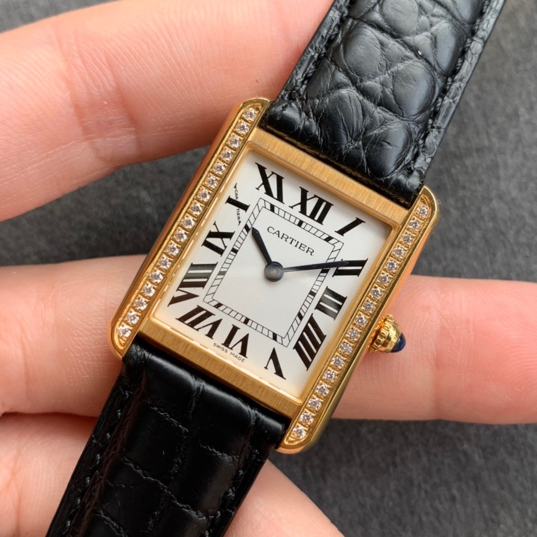 Cartier Tank Solo 18K Yellow Gold Women's Watch W1018755 Custom Diamond Bezel
