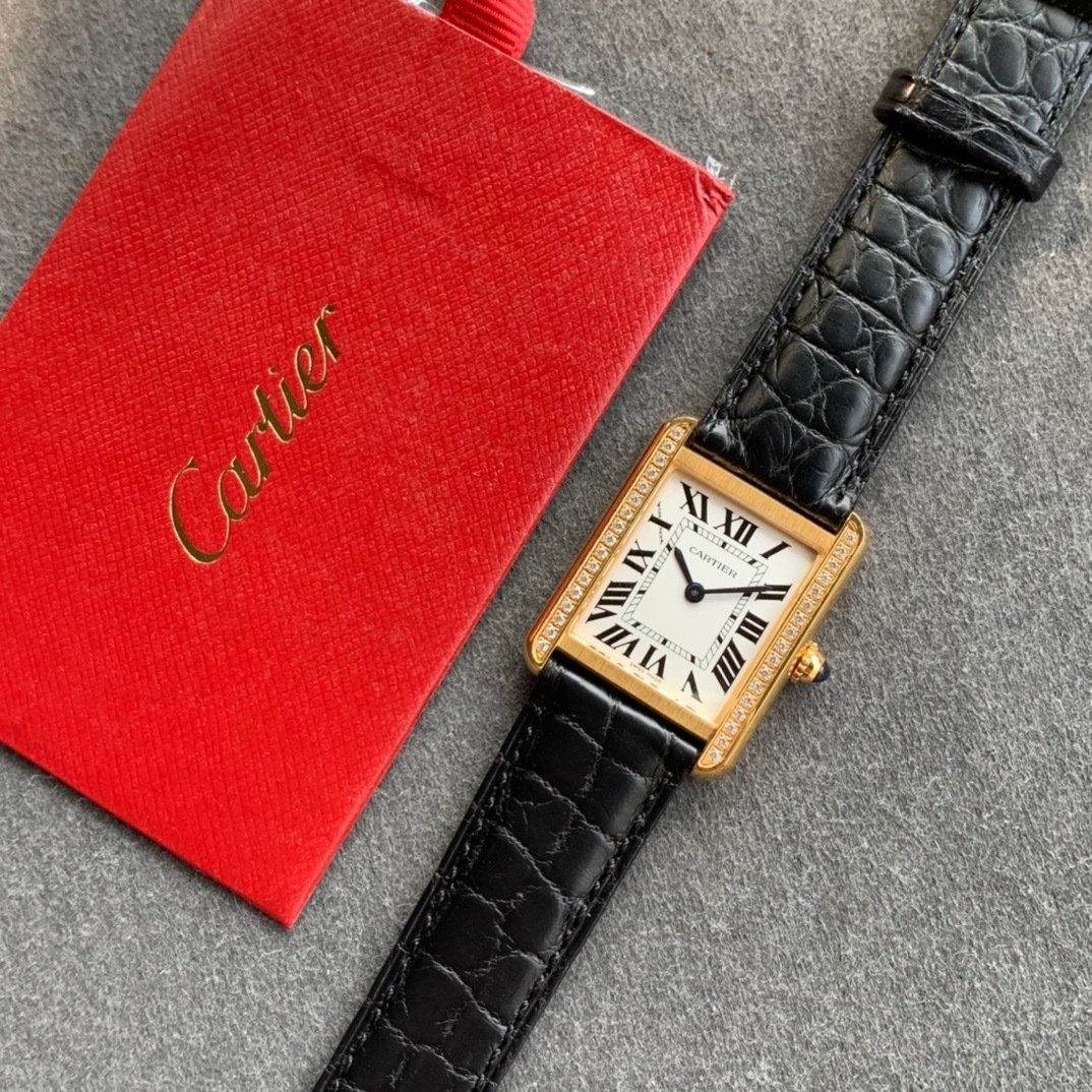 Cartier Tank Solo 18K Yellow Gold Women's Watch W1018755 Custom Diamond Bezel