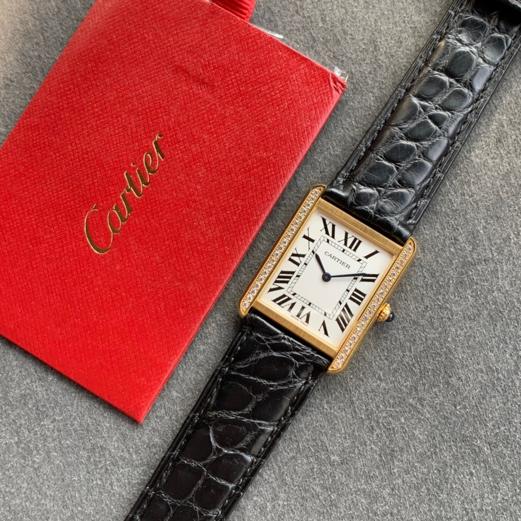 Cartier Tank Solo 18K Yellow Gold Women's Watch W1018755 Custom Diamond Bezel