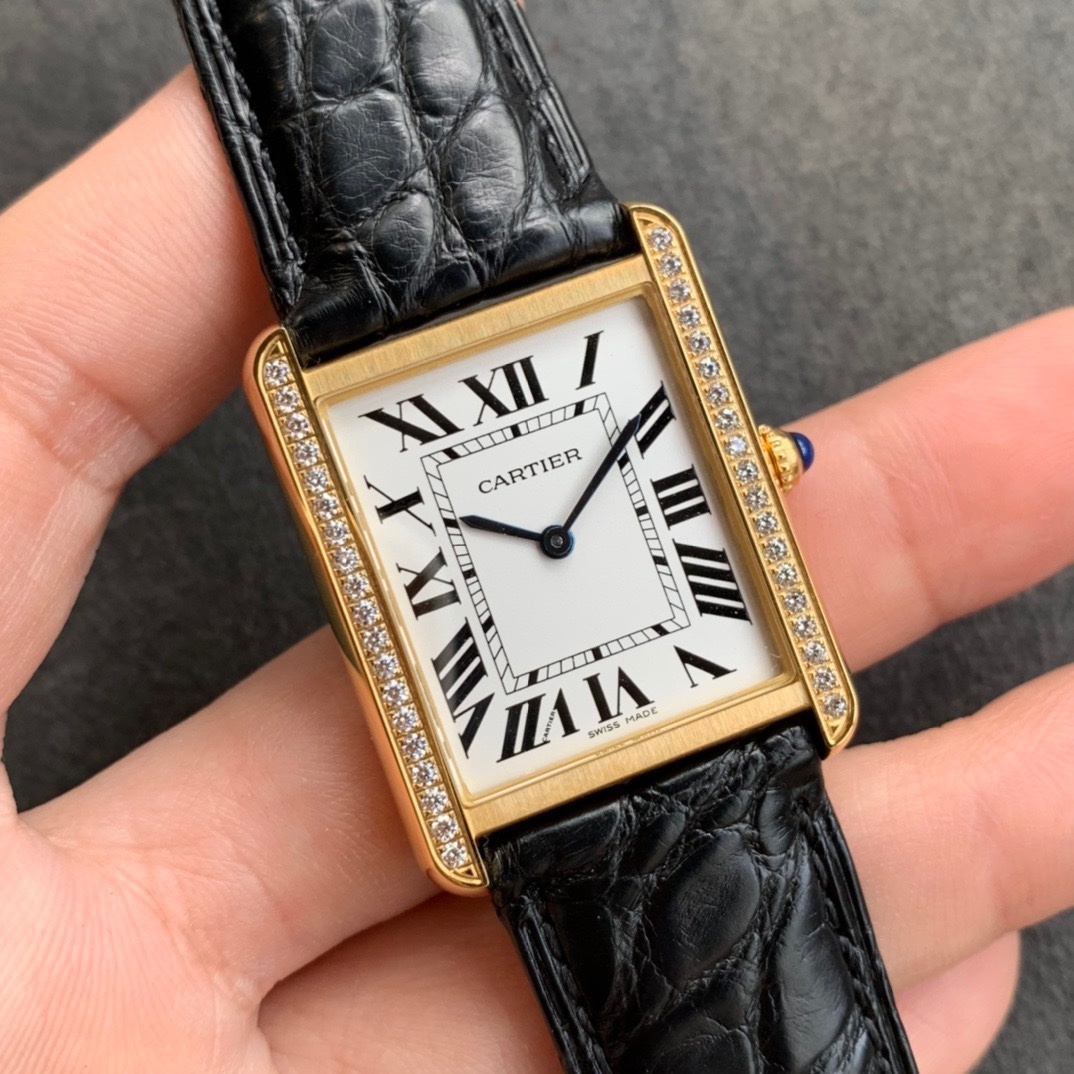 Cartier Tank Solo 18K Yellow Gold Women's Watch W1018755 Custom Diamond Bezel