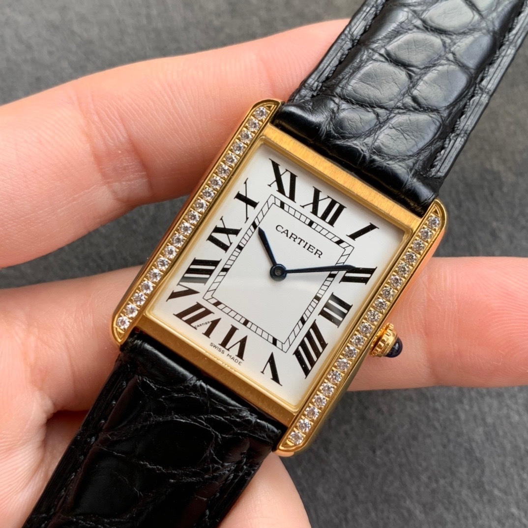 Cartier Tank Solo 18K Yellow Gold Women's Watch W1018755 Custom Diamond Bezel