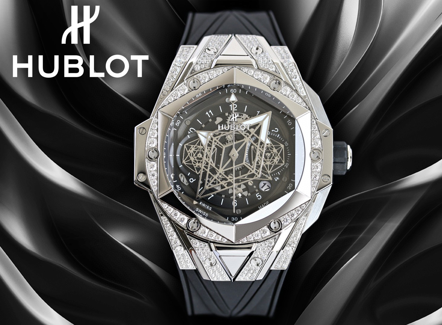 Hublot Big Bang Sang Bleu II Titanium Pave 45mm Watch – Ref: 418.NX.1107.RX.1604.MXM20 – Black Dial & Diamond Bezel in Titanium Diamond Case, Blue Rubber Strap