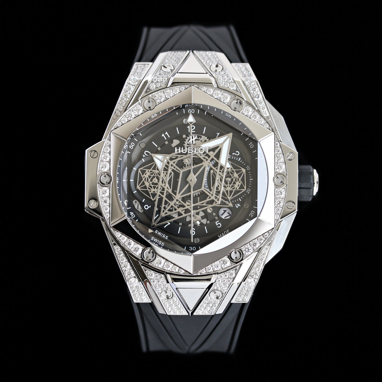 Top-notch watch 00479 Hublot Big Bang Sang Bleu II Titanium Pave 45mm Watch – Ref: 418.NX.1107.RX.1604.MXM20 – Black Dial & Diamond Bezel in Titanium Diamond Case, Blue Rubber Strap